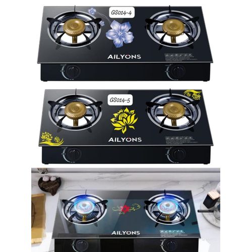 AILYONS 2 Burners Glass Table Top Double Burner Gas Stove +Free 1M pipe + 13kg Regulator/ Tightener -Black