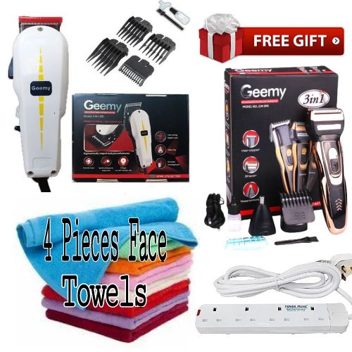 Geemy Electric Hair Trimmer Barbering Machine - Kinyozi + Free Professional 3 in 1 hair Clipper Wireless/Cordless & 4 Way Power Extension Cable & 4 Pieces Face Towels