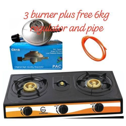 Eurochef Table Top Stainless Steel 3 Burner Gas Cooker Plus 6kg Regulator And Pipe