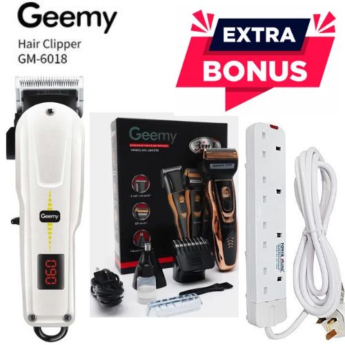 Geemy Smart Rechargeable Cordless Shaving Machine With Indicator + Free 3 in 1 Electric Rechargeable Nose Trimmer, Smoother & 4 Way power extension cable