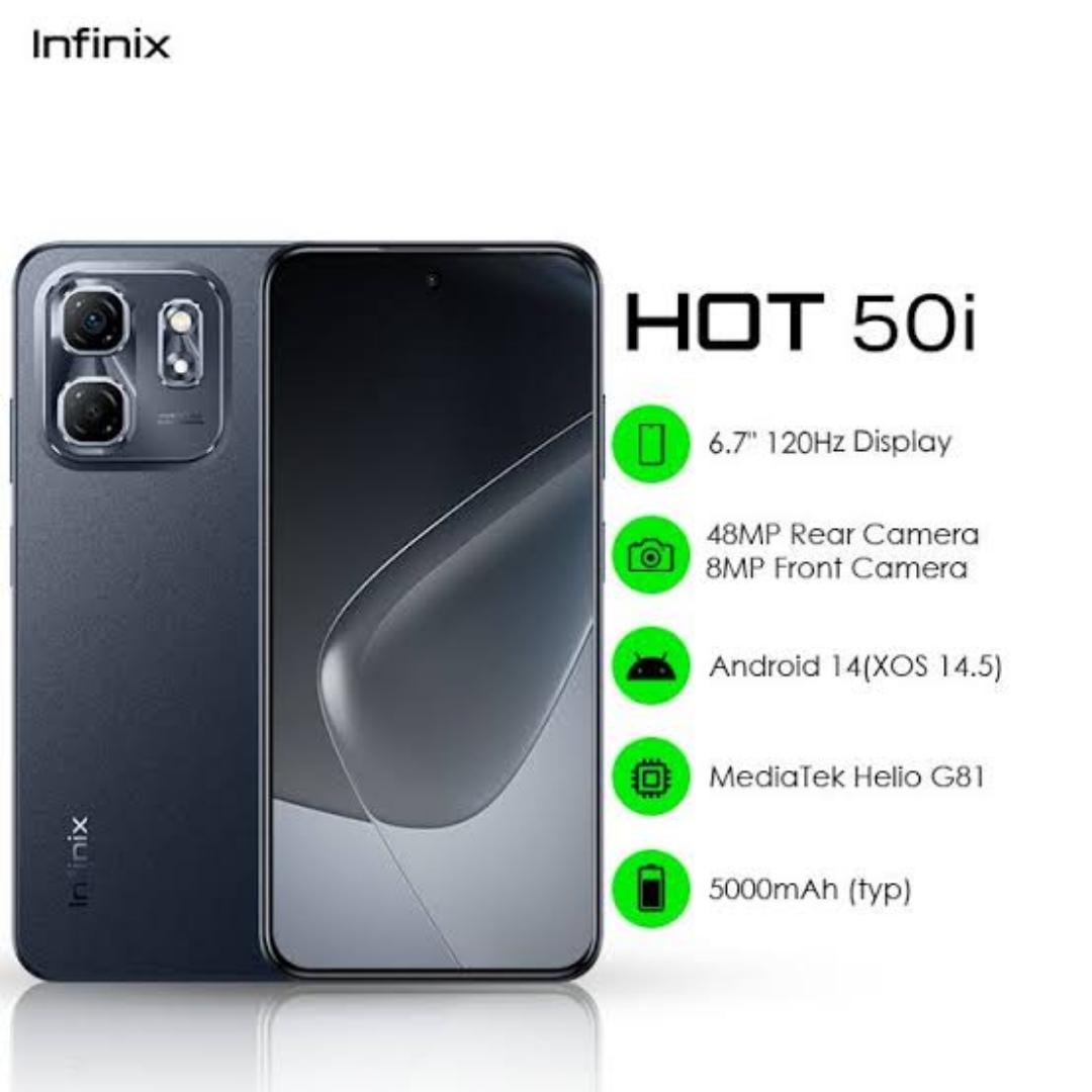 {LIMITED OFFER} Infinix Hot 50i 128GB ROM +12 GB(6+6)RAM 4G, Screen 6.78-inch 120Hz,' Battery: 5000mAh, 18W Wired, Dual SIM (Nano-SIM, dual stand-by), Ultra Sleek 48 MP Camera Smart Phones