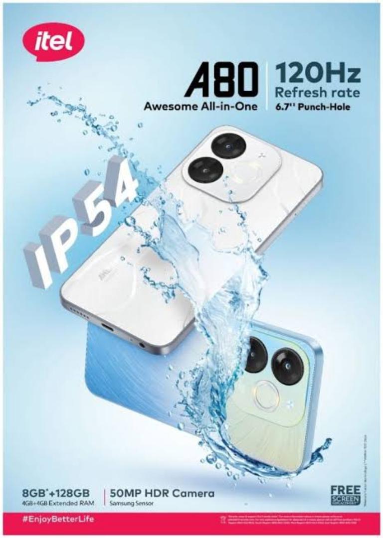 [New Launch] Itel A80 128GB+8(4+4)GB RAM 6.7" 120Hz Screen 4G Network Dual SIM Phone 50MP Camera 5000mAh Battery Fingerprint and Face Unlock Android 14 Fashion Smart Phones