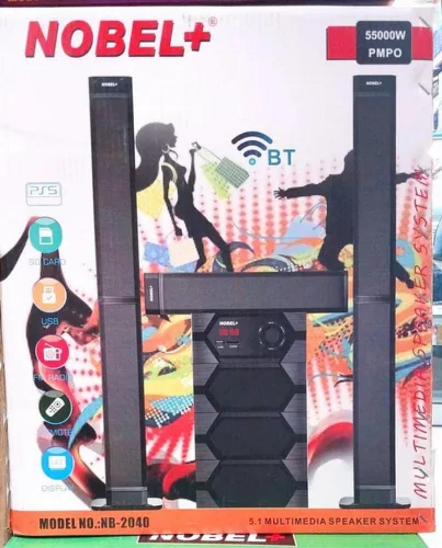 Nobel 5.1CH HOMETHEATER Bass Tallboy Speaker System, model NB-2040 55000W PMPO output Bluetooth connectivity USB port and FM radio Compatibility with PS5 Super bass capability