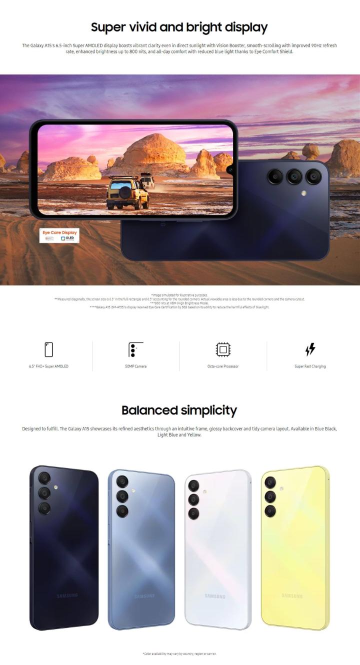 Brand New Offer Samsung Galaxy A15 128GB+4GB 50MP Triple Camera Mediatek Helio G99 6.5" 90Hz Display Android 14 5000mAh 25W Type-C Charge Smart Phones