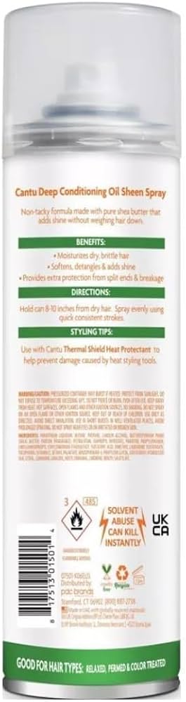 Cantu Shea Butter Oil Sheen Deep Conditioning Spray is a hair product designed to moisturize, soften, and add shine to hair. It's formulated with shea butter and other oils to nourish and protect hair