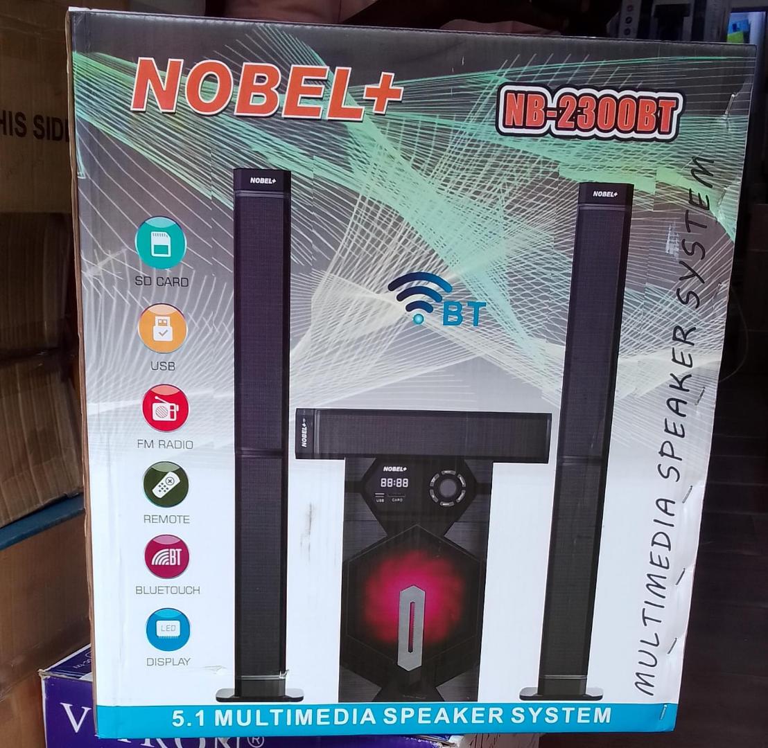 Nobel 5.1CH HOMETHEATER Bass Tallboy Speaker System, model NB-2300 55000W PMPO output Bluetooth connectivity USB port and FM radio Compatibility with PS5 Super bass capability
