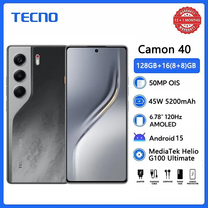 Tecno Camon 40 128GB+8GB RAM Expandable into 16GB 6.78" AMOLED 120Hz Screen MTK Helio G100 Ultimate 45W 5200mAh 50MP Dual Speaker Android 15 Smart Phones Dual Sim phone