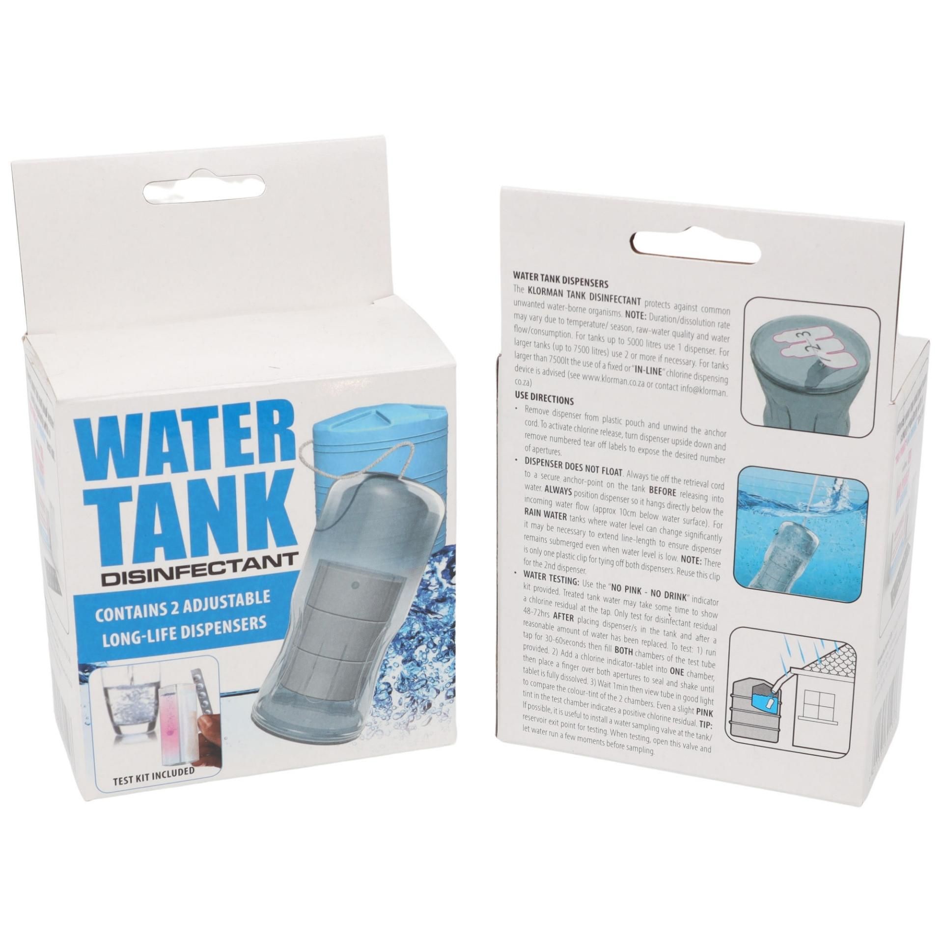 KLORMAN WATER TANK CHLORINE DISINFECTANT. Each dispenser contains sufficient disinfectant to treat a water volume of up to 40,000 litres (at 1 part-per-million in chlorine residual).