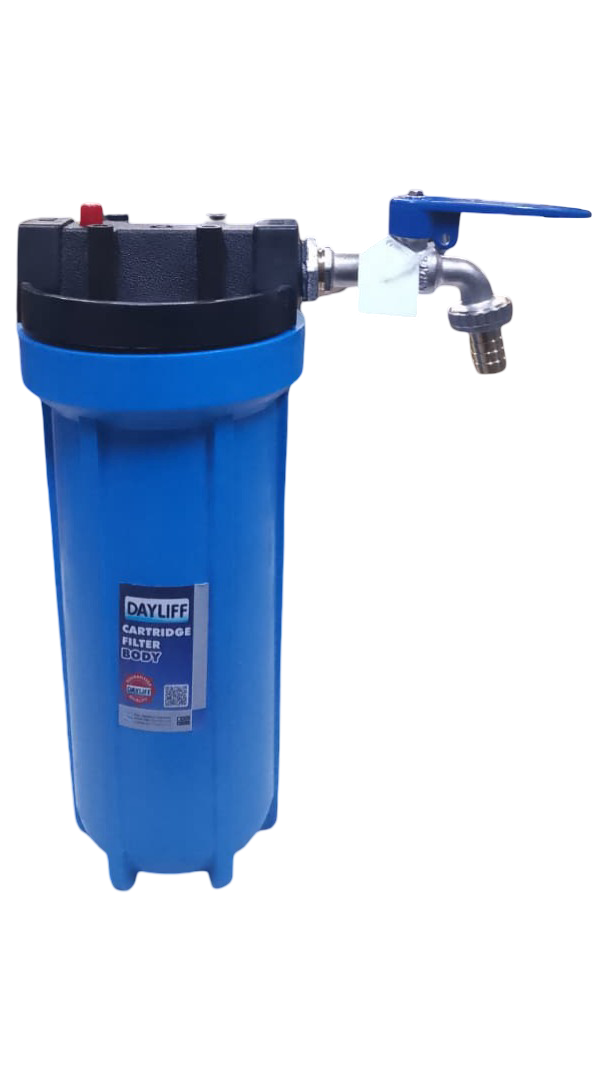 DAYLIFF 10" OUTDOOR WASHING MACHINE BLUE SEDIMENT FILTER, WITH FREE (10" CARTRIDGE, ½" LIRLEE TAP, THREAD TAPE & 2 GI REDUCING SOCKETS  ¾"*½")