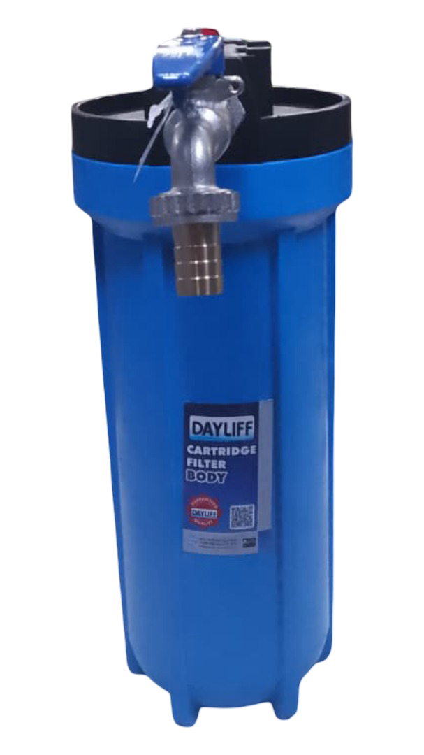 DAYLIFF 10" OUTDOOR WASHING MACHINE BLUE SEDIMENT FILTER, WITH FREE (10" CARTRIDGE, ½" LIRLEE TAP, THREAD TAPE & 2 GI REDUCING SOCKETS  ¾"*½")