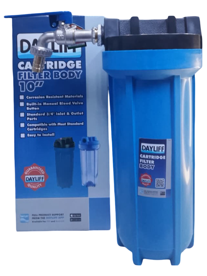 DAYLIFF 10" OUTDOOR WASHING MACHINE BLUE SEDIMENT FILTER, WITH FREE (10" CARTRIDGE, ½" LIRLEE TAP, THREAD TAPE & 2 GI REDUCING SOCKETS  ¾"*½")