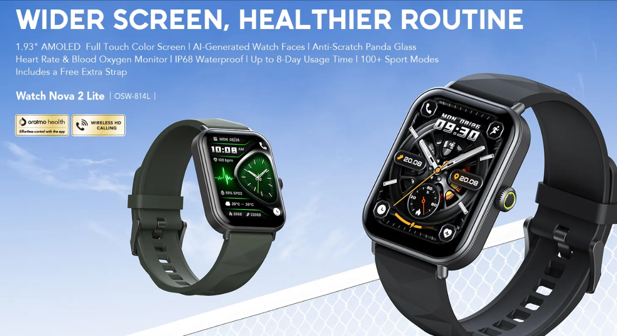 Oraimo Watch Nova 2 Lite (OSW-814L) Smartwatch – 1.83" HD Display, BT Calling, Health & Fitness Tracking, Long Battery Life – Black