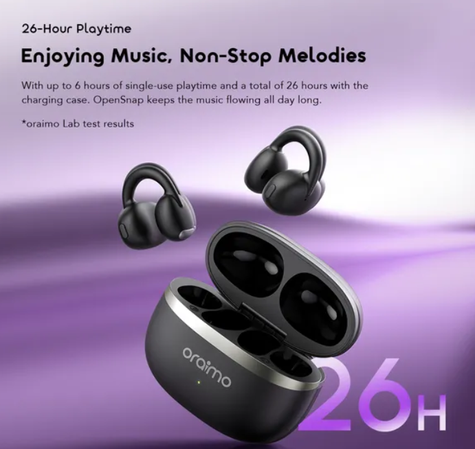 Oraimo OpenSnap Clip-On True Wireless Headphones (OPN-373) – Open-Ear Design, Bluetooth 5.3, ENC Calls, Long Battery Life – Black