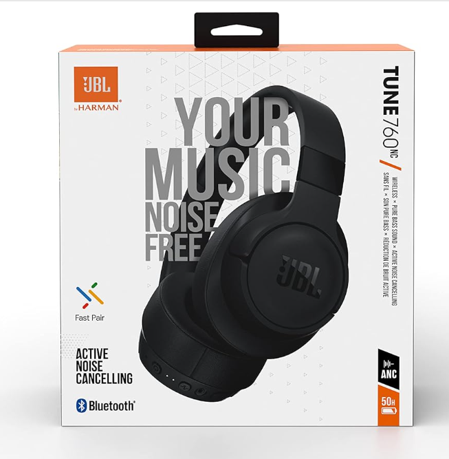 JBL Tune 760BT Wireless Over-Ear Headphones – Pure Bass Sound, Bluetooth 5.0, Hands-Free Calls, Multi-Device Pairing, 50H Battery Life, Foldable Design – Black