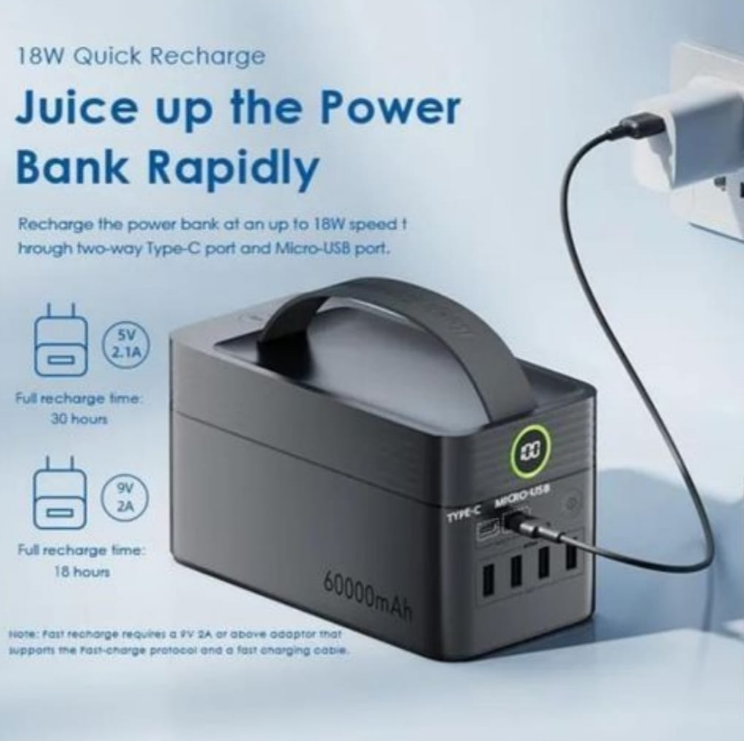 Oraimo PowerBox 600 – 60000mAh Ultra-High Capacity Power Bank, Dual USB Fast Charging, LED Display, Multi-Device Compatibility