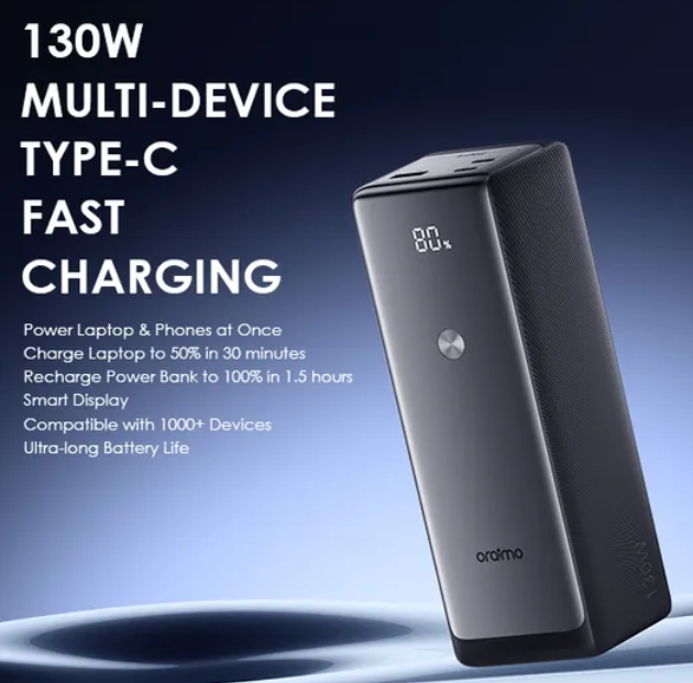 Oraimo PowerJet 130 – 27600mAh 130W Super Fast Charging Power Bank, Triple Output Ports, LED Display, Multi-Device Compatibility