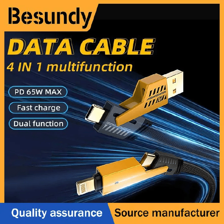 4 in 1 Flat Braided Cable Type C iPhone 65W Multi Port PD Fast Charging Data Transfer iPad Charger Cord Combo For iPhone Android USB Type C Samsung iPhone Xiaomi Huawei Tecno Itel Infinix OPPO