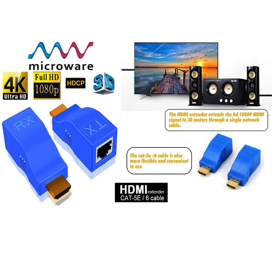 1 Pair 4K HDMI Extender Transmitter TX/RX HD 1080P Over Ethernet Cable 30M