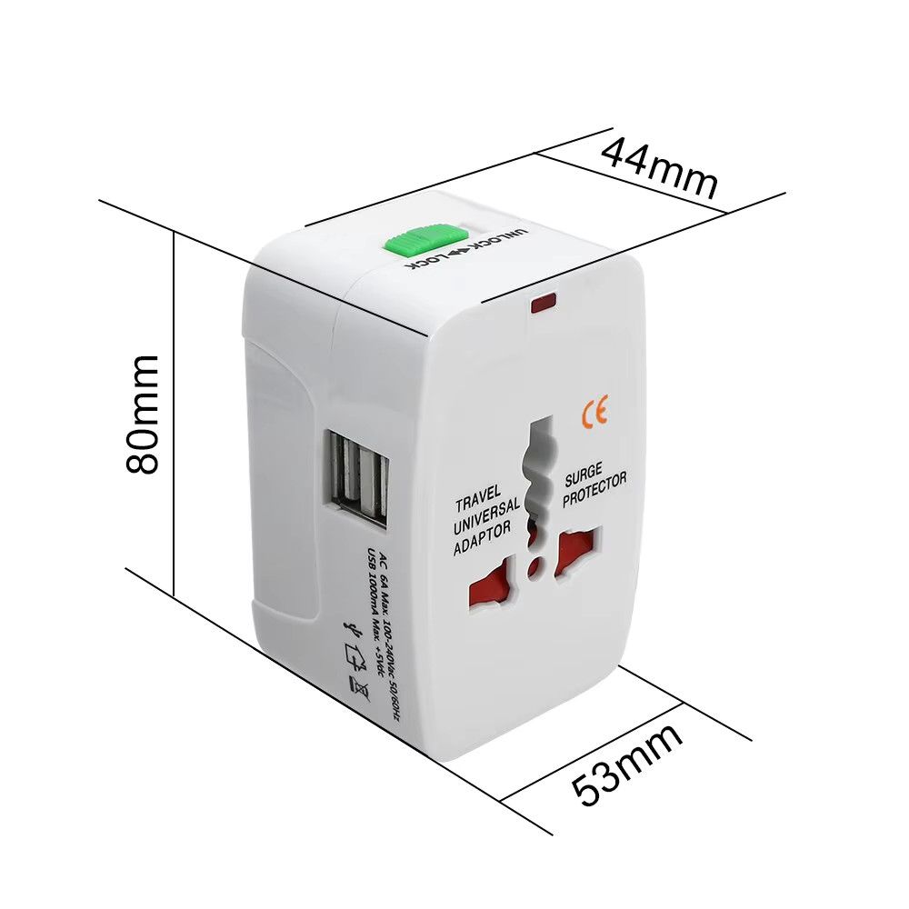 Universal Travel Power Adaptor Plug with 2 USB Ports