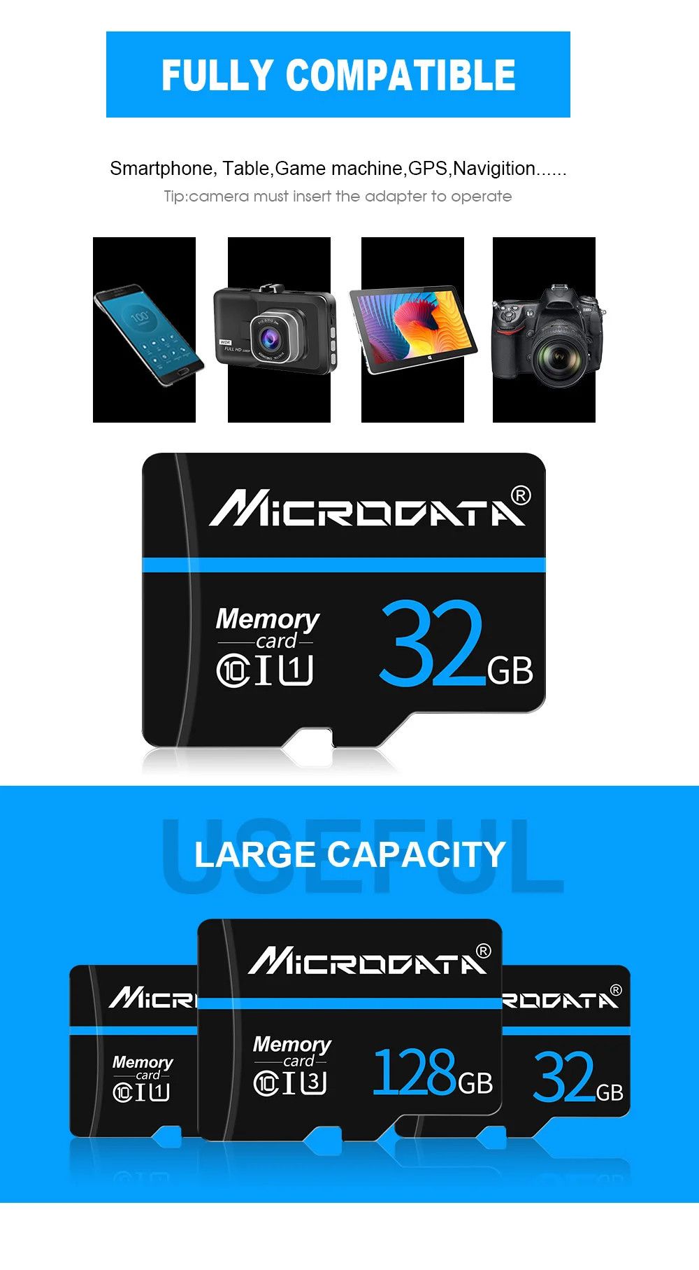 Microdata Memory Card Class 10 U3 Micro SD Card 16GB 32GB 64GB 128GB With A Free Adaptor