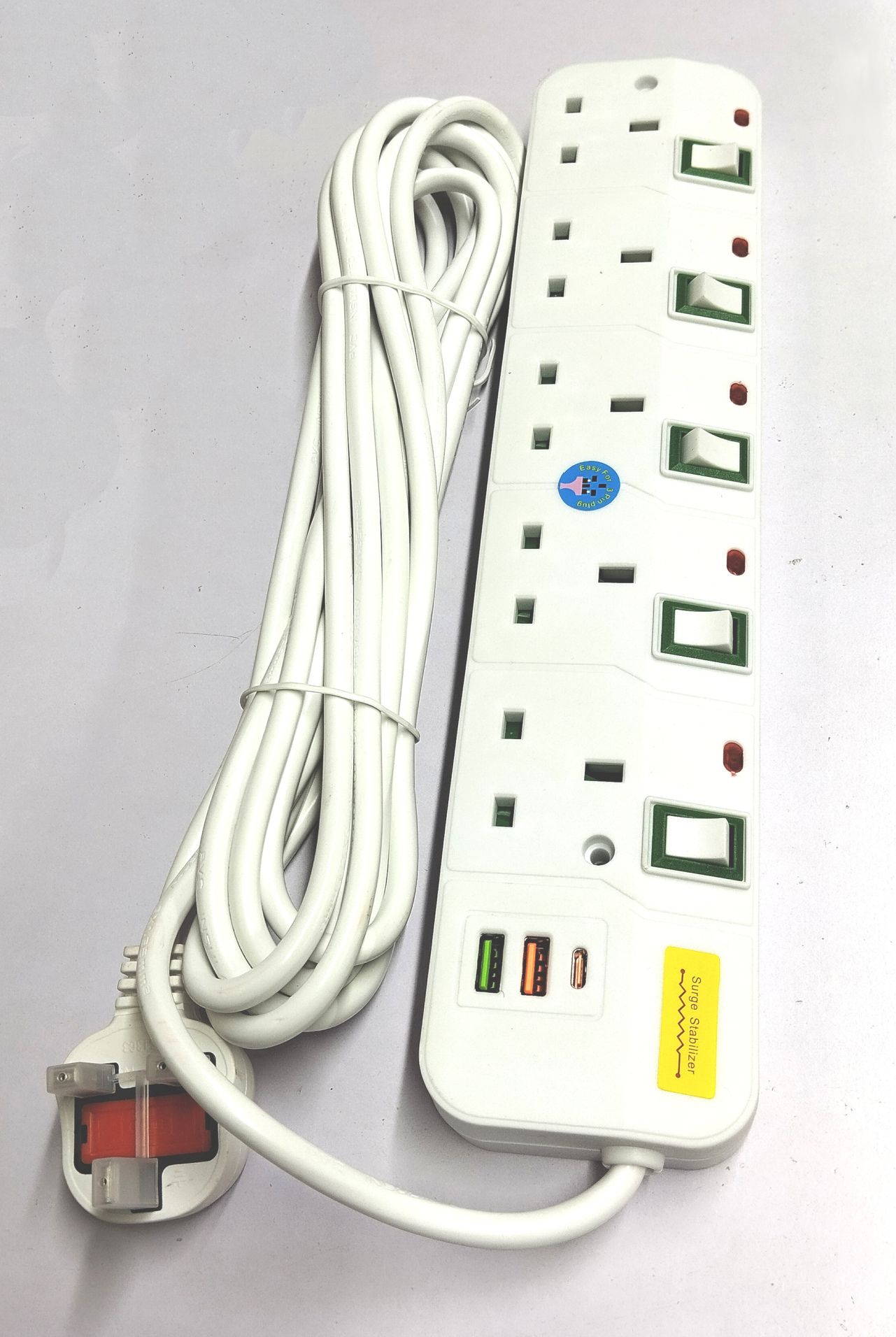 High Astra 5-Way Socket Power Extension Cable with 2 USB Charging Ports