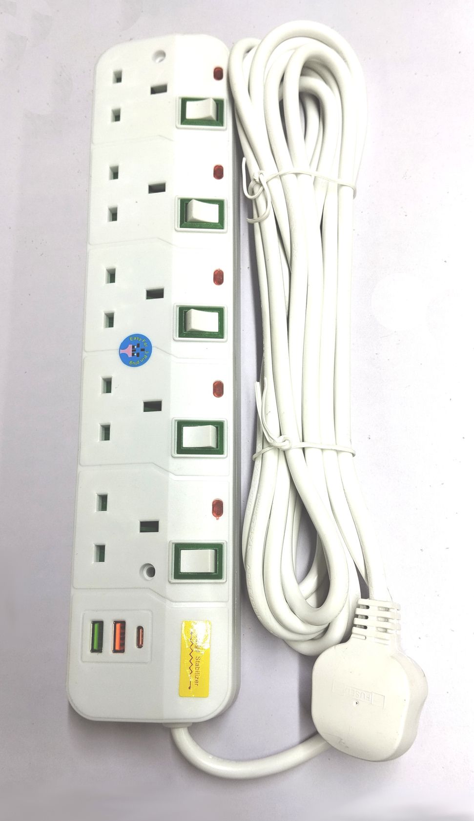 High Astra 5-Way Socket Power Extension Cable with 2 USB Charging Ports