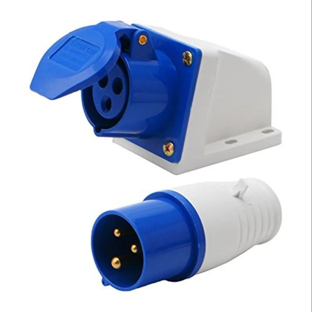 220-380V 16A 3 Pin Industrial Connector Male And Female Single Phase 2P+E Blue Color Wall Mounted Type