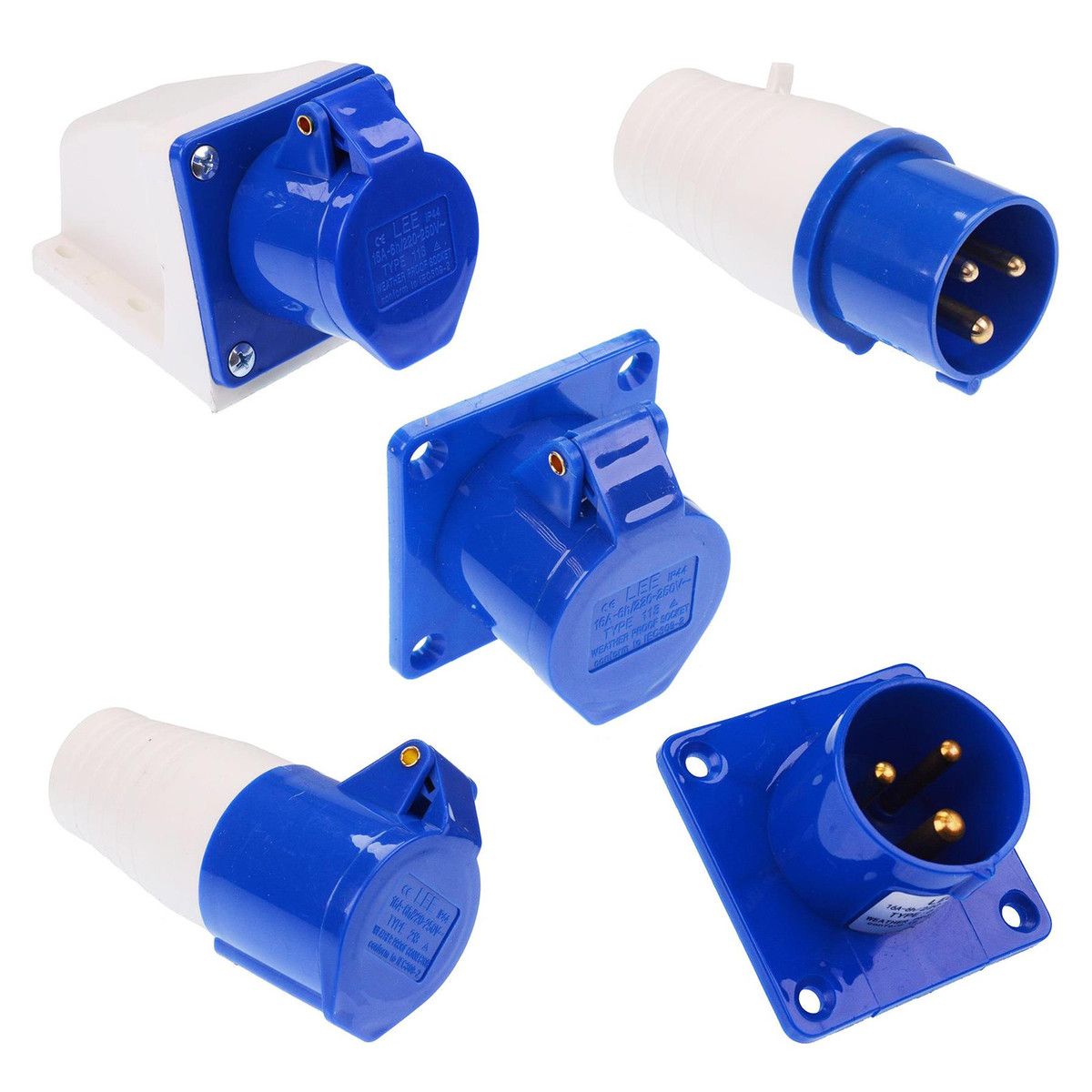 220-380V 16A 3 Pin Industrial Connector Male And Female Single Phase 2P+E Blue Color Wall Mounted Type