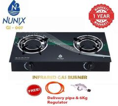 NUNIX 2 Burner Infrared Glass Tampered Table Top, AUTO IGNATION Gas Cooker PLUS FREE Pipe and  6kg Regulator