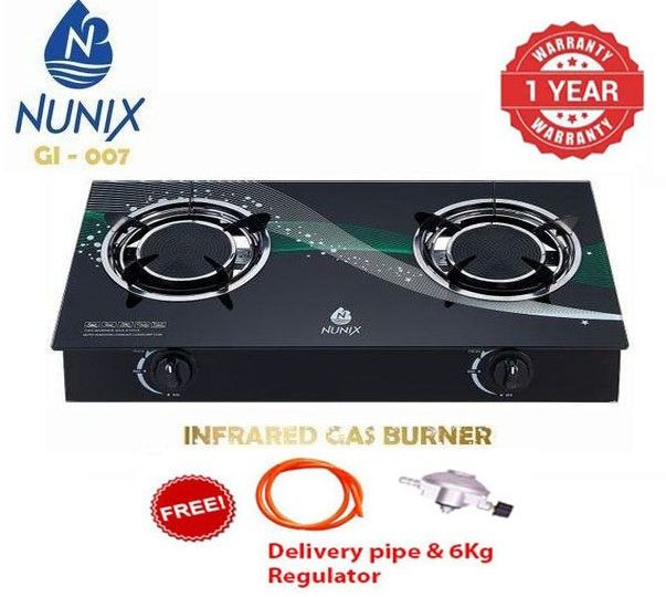 NUNIX 2 Burner Infrared Glass Tampered Table Top, AUTO IGNATION Gas Cooker PLUS FREE Pipe and  6kg Regulator