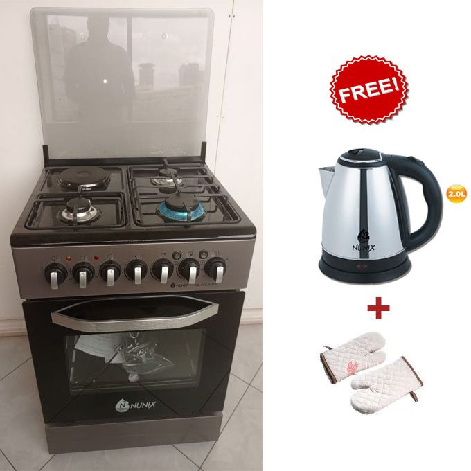 Nunix 60x60, 3 Gas Jet Pool Burners +1 Electric Plate Free Standing Cooker with Electric Oven and FREE NUNIX ELECTRIC KETTLE AND FREE GLOVES