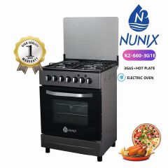 Nunix 60x60, 3 Gas Jet Pool Burners +1 Electric Plate  with Electric Oven,Free Standing Cooker  PLUS FREE  ELECTRIC KETTLE,PIPE,6KG REGULATOR,OVEN GLOVE