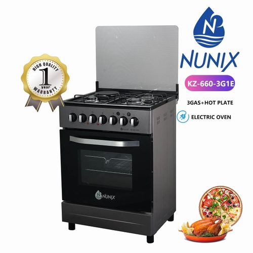 Nunix 60x60, 3 Gas Jet Pool Burners +1 Electric Plate with Electric Oven Free Standing Cooker  and FREE 6KG REGULATOR,FREE GAS PIPE AND FREE GLOVES