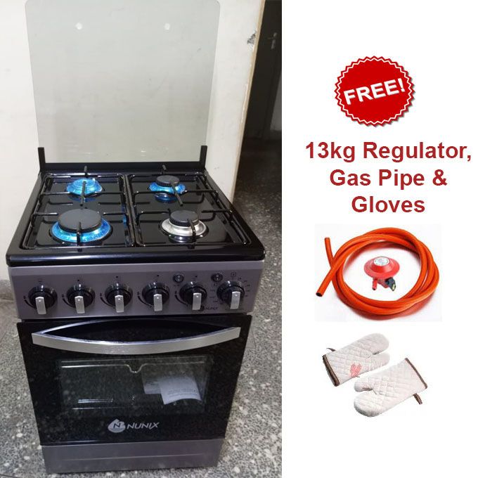 NUNIX 50*55 4 GAS BURNER WITH GAS OVEN,AUTO IGNITION WITH FREE 13KG REGULATOR,GAS PIPE AND FREE GLOVES  STANDING COOKER