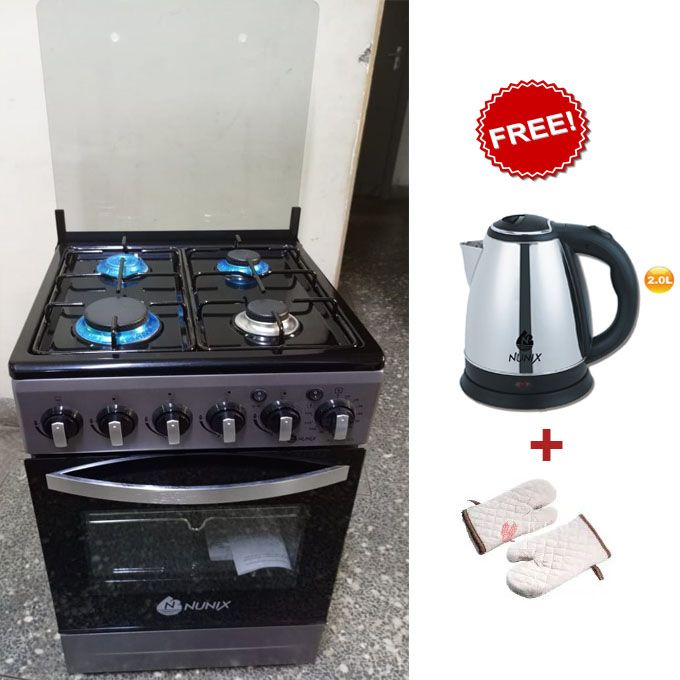 NUNIX 50*55 4 GAS BURNER WITH GAS OVEN,AUTO IGNITION WITH FREE NUNIX ELECTRIC KETTLE AND FREE GLOVES  STANDING COOKER