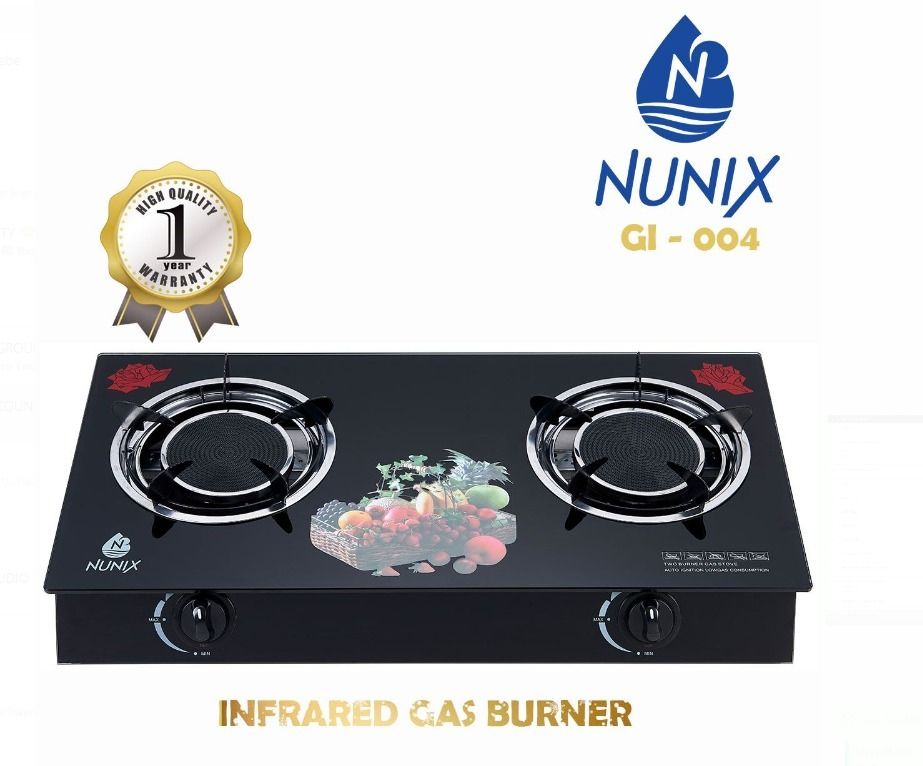 NUNIX 2 Burner Infrared Glass Tampered Table Top, AUTO IGNATION Gas Cooker PLUS FREE Pipe and  6kg Regulator