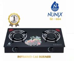 NUNIX 2 Burner Infrared Glass Tampered Table Top, AUTO IGNATION Gas Cooker PLUS FREE Pipe and  6kg Regulator