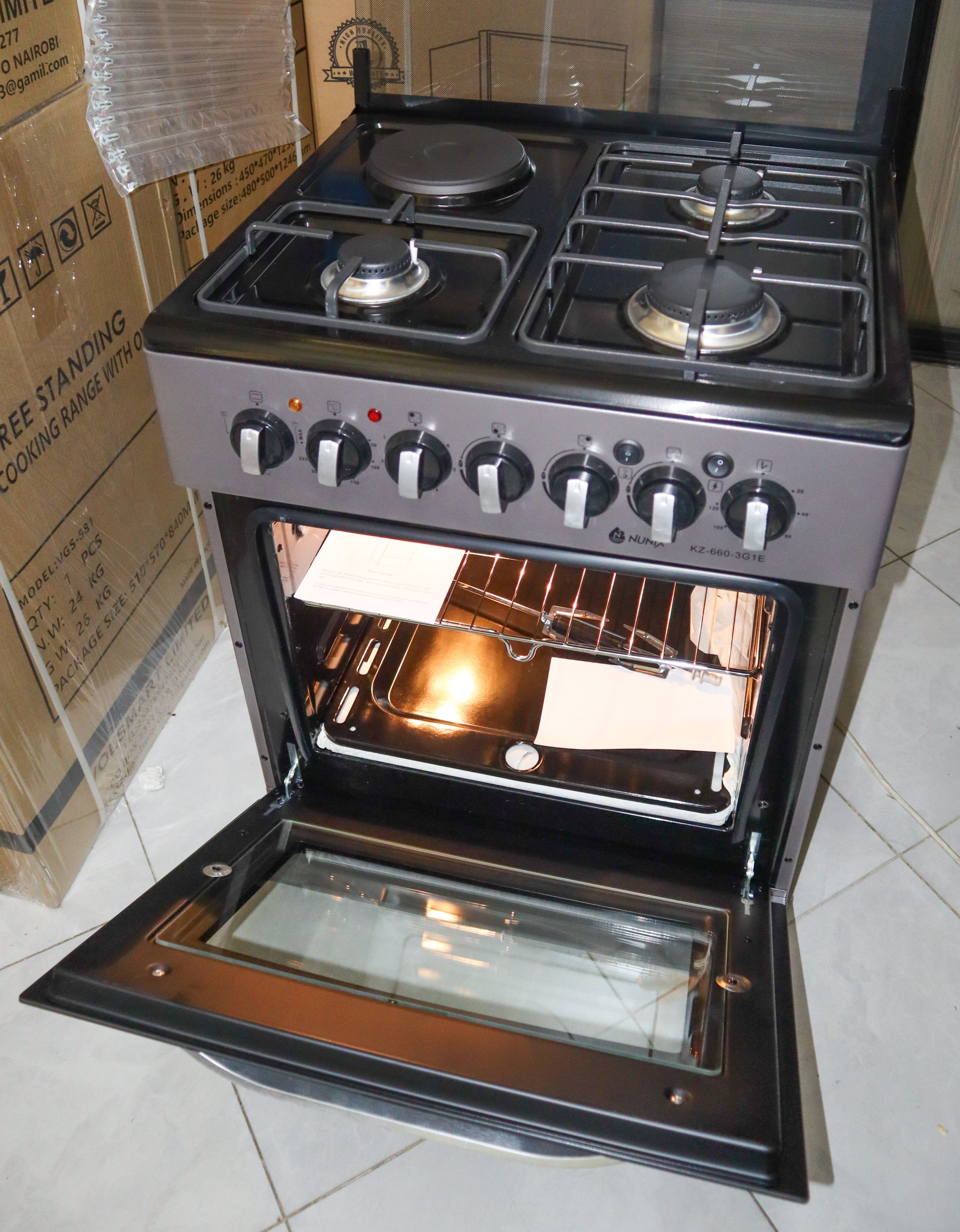Nunix 60x60, 3 Gas Jet Pool Burners +1 Electric Plate with Electric Oven,Free Standing Cooker