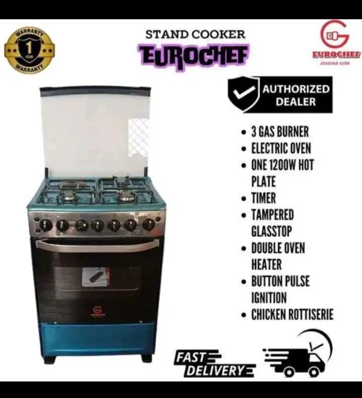 60 x 65 Eurochef Free-Standing 3-Gas-Burner + 1 Electric Cooker With Electric Oven - Stainless Steel worktop, Electric Grill, Rotisserie fork, Auto Ignition, Tempered Glass top lid.