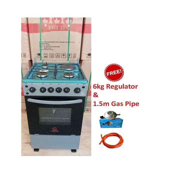 EUROCHEF 50cm x 55cm, 3 Gas Jet Burners + 1 Rapid Hot Plate, Electric Oven Standing Cooker WITH FREE PIPE AND 6 KG REGULATOR