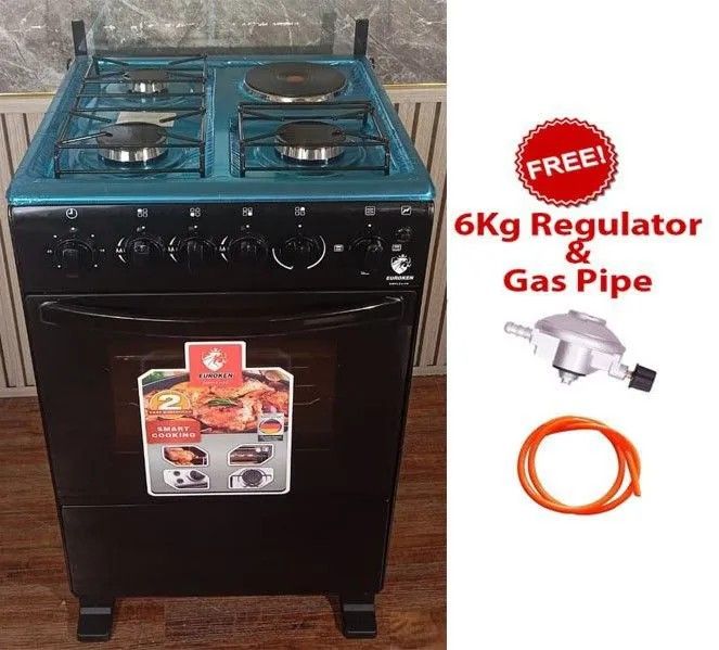 Euroken 50x55, 3 Gas Jet Burners + 1 Rapid Hot Plate ,Electric Oven cooker with FREE GAS PIPE + 6KG REGULATOR