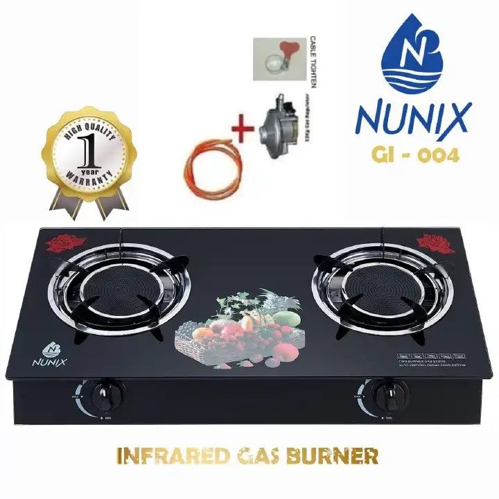 NUNIX 2 Burner Infrared AUTO IGNATION Glass Tempered Table Top, Gas Cooker PLUS FREE 13kg Regulator and Pipe