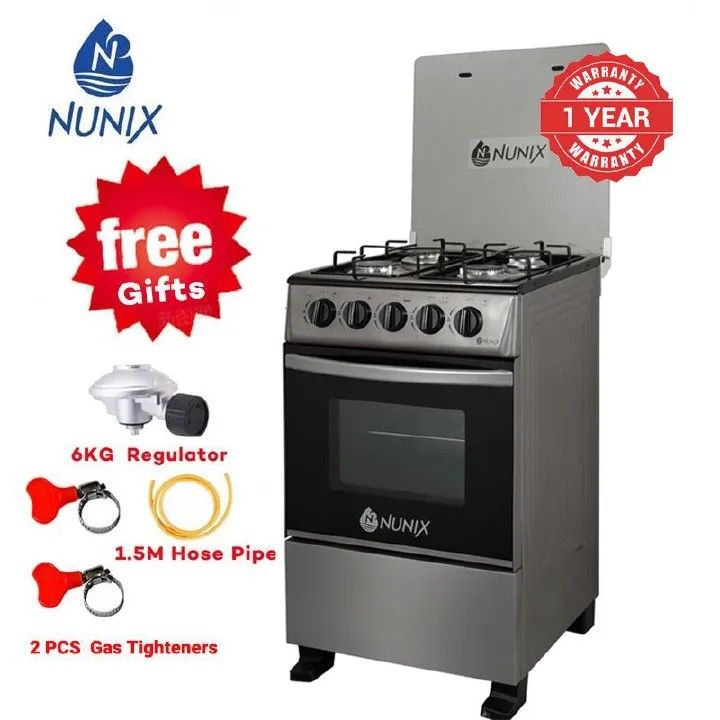 Nunix WLD-560-GO Free Standing 4 Gas Burners Gas Oven Cooker  1.5 M Hose Pipe +6KG Regulator+2 pcs Gas Tighteners