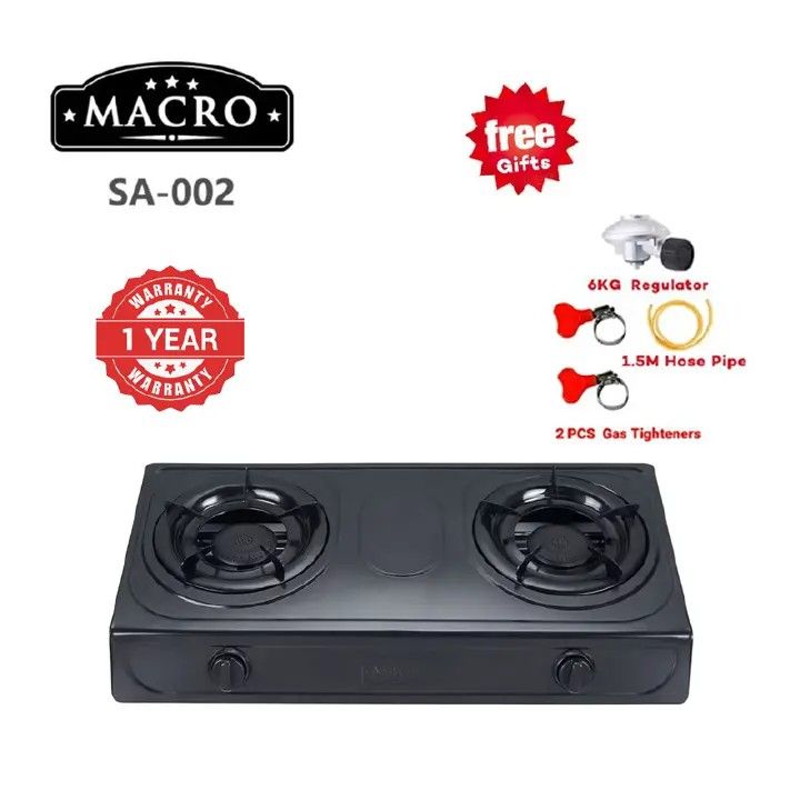 MACRO Table Top Gas Cooker SA-002 Double Burner Gas stove gas cooker stainless Black with FREE GAS PIPE,6KG REGULATOR AND TIGHTENERS