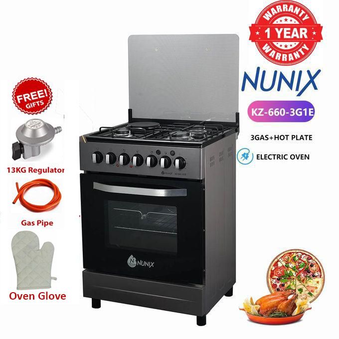 Nunix 60x60, 3 Gas Jet Pool Burners +1 Electric Plate with Electric Oven Free Standing Cooker  and FREE 13 KG REGULATOR,FREE GAS PIPE AND FREE GLOVES