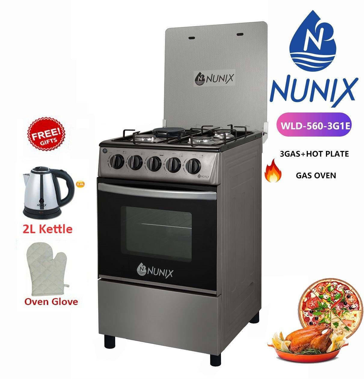 CLEARANCE OFFER New model 50*55 nunix 3 gas 1 electric hot plate standing cooker with gas oven PLUS FREE ELECTRIC KETTLE AND FREE GLOVES