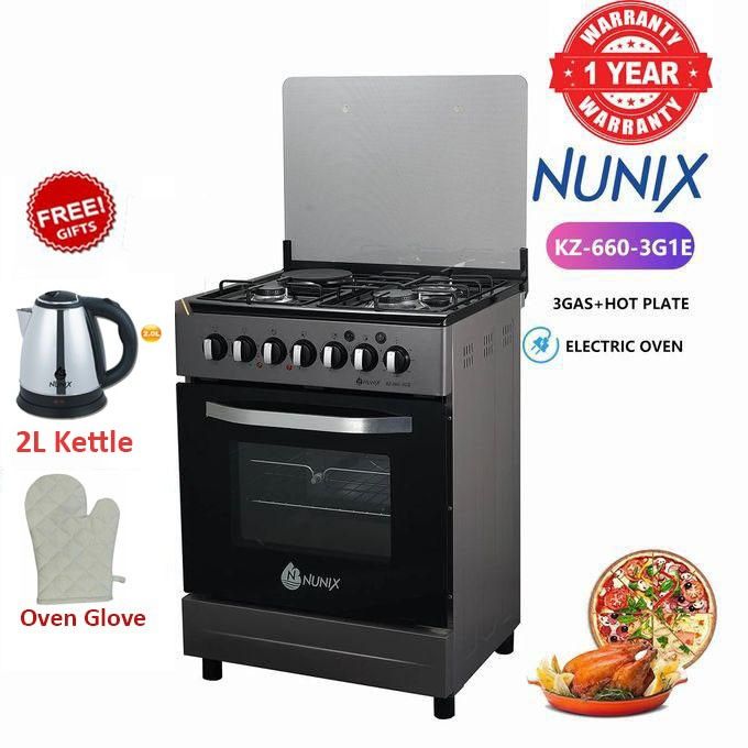 Nunix 60x60, 3 Gas Jet Pool Burners +1 Electric Plate  with Electric Oven,Free Standing Cooker  PLUS FREE  ELECTRIC KETTLE AND OVEN  GLOVE