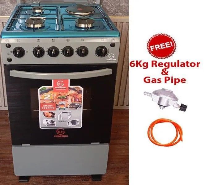 EUROCHEF 50x55, 3 Gas Jet Burners + 1 Rapid Hot Plate, Electric Oven Standing Cooker PLUS 6 KG REGULATOR AND GAS PIPE