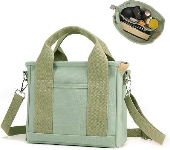 Small Tote Bag for Women, Upgraded Canvas Tote Bag with Zipper Pocket Compartments, Mini Cute Crossbody Bag Handbag