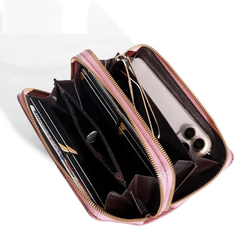 New women's long wallet double zip student embroidery money clip large capacity clutch bag soft coin purse